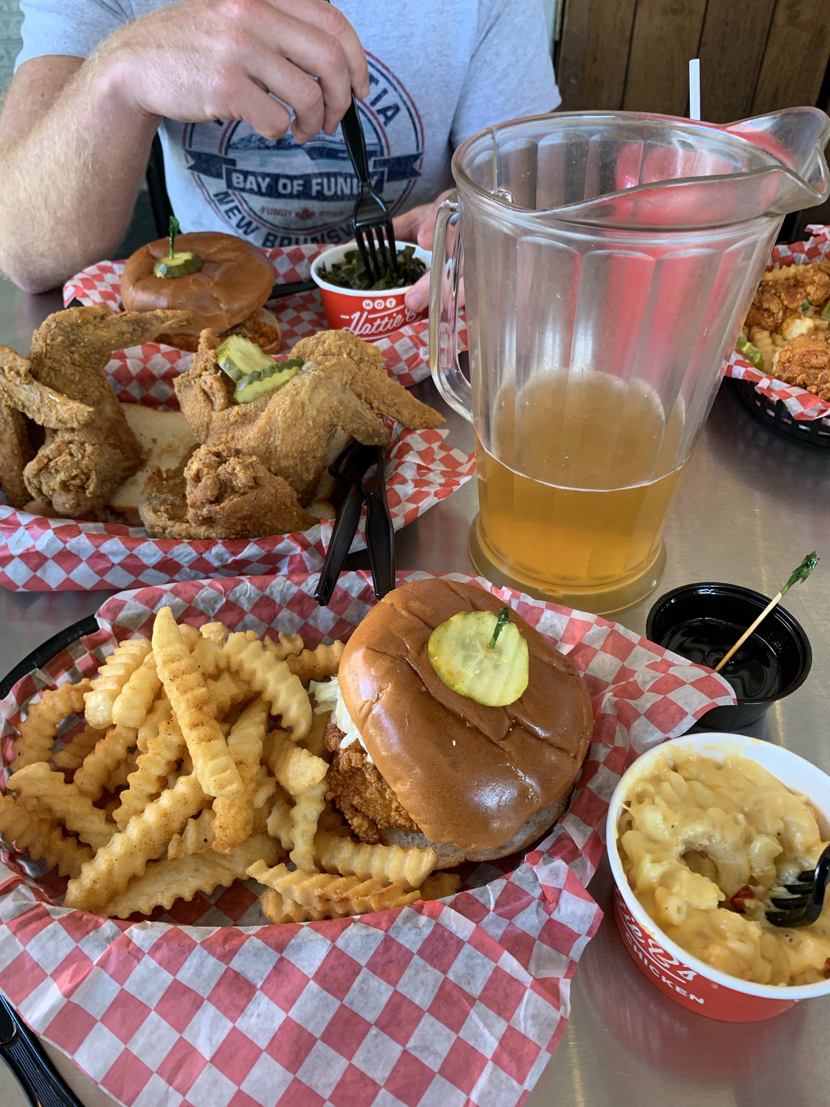 Nashville hot chicken sandy with wings at Hattie B’s Hot Chicken