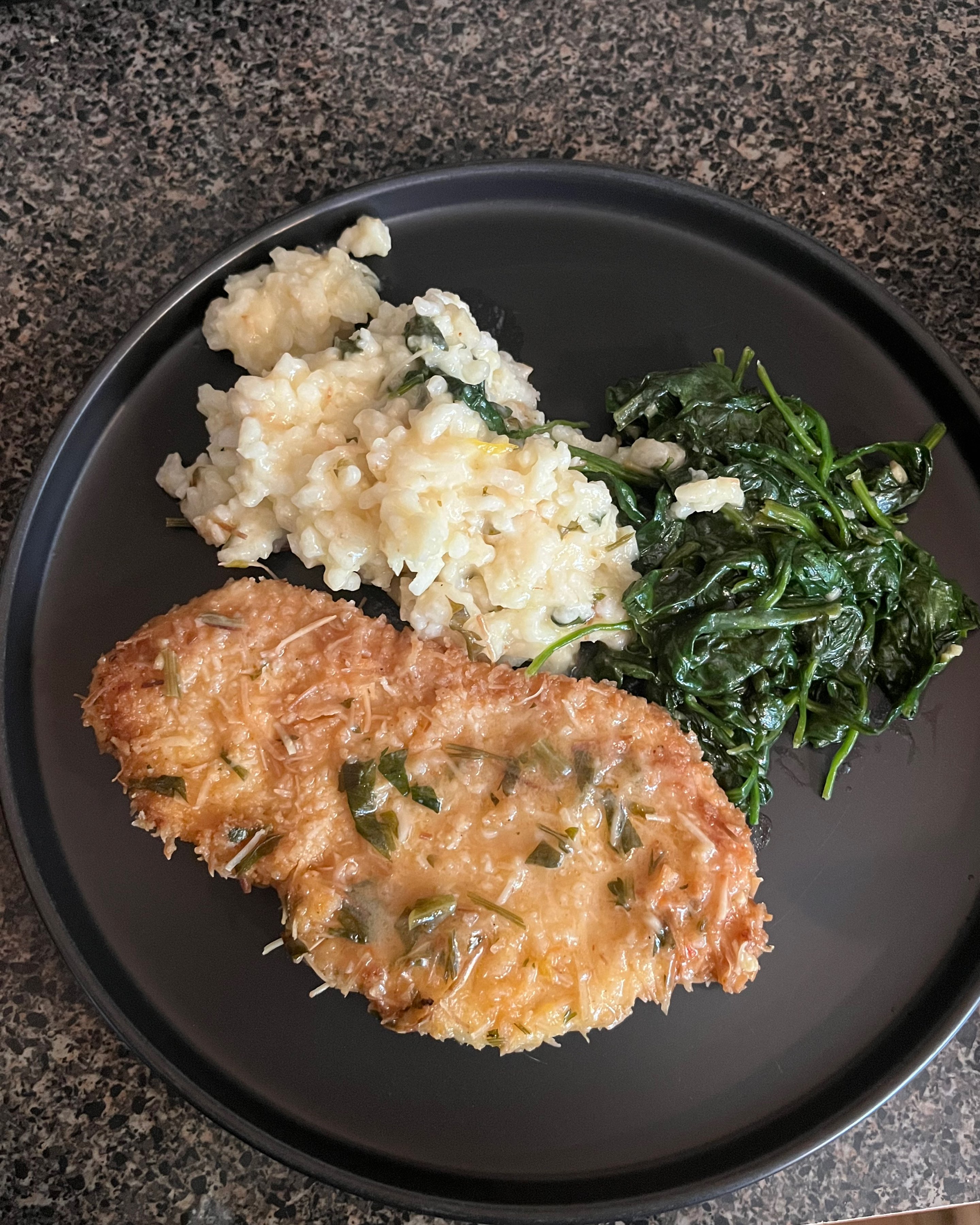 Coconut Crusted Chicken with Risotto and spinach