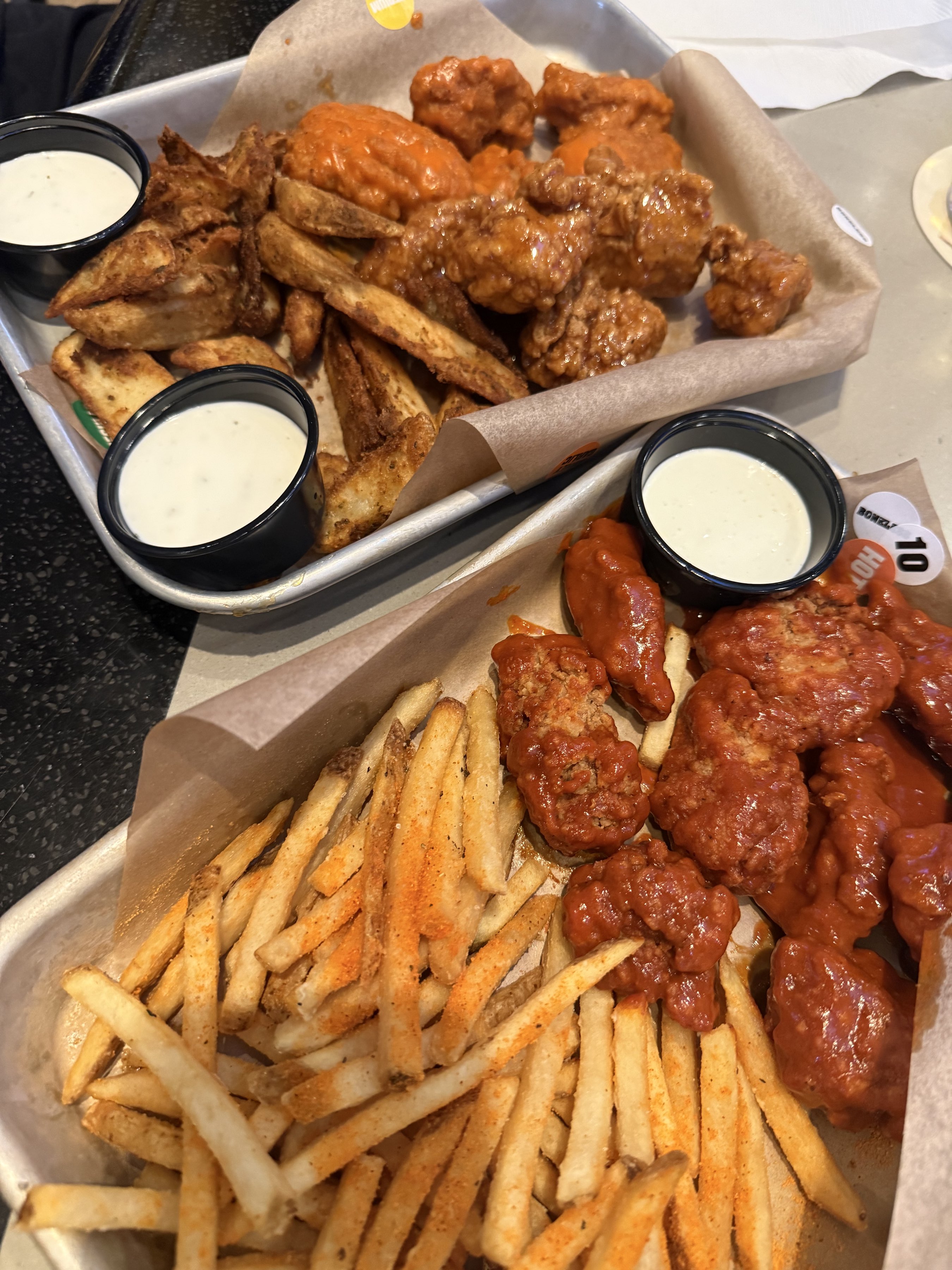 10 boneless hot, 5 medium, 5 honey garlic at buffalo wild wings